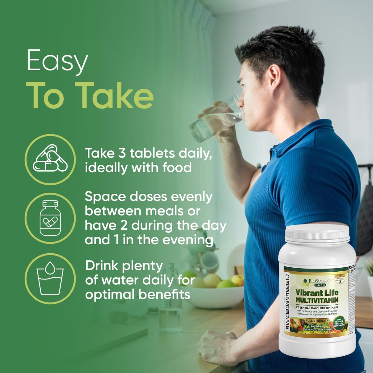 Vibrant Life Multivitamin with Probiotics, Digestive Enzymes & B Complex – Over 45 Fruits and Vegetables, Non-GMO, Gluten-Free, Daily Vitamins & Minerals for Men & Women (30-Day Supply) - görsel 3