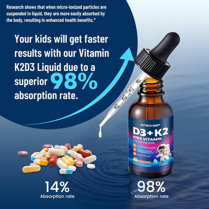 CNCHEF Vitamin D3 K2 Drops for Kids - Liquid Supplement with Magnesium, Orange, 60 ml