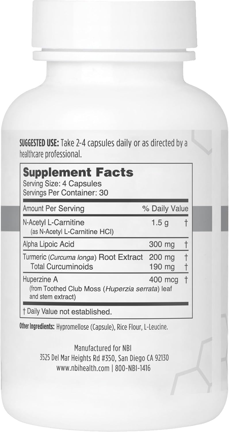 NBI Brain Blend for Memory, Focus, Concentration & Cognitive Function - Caffeine-Free Nootropic with ALCAR, Alpha Lipoic Acid, Huperzine A, Turmeric - 120 Capsules - görsel 2