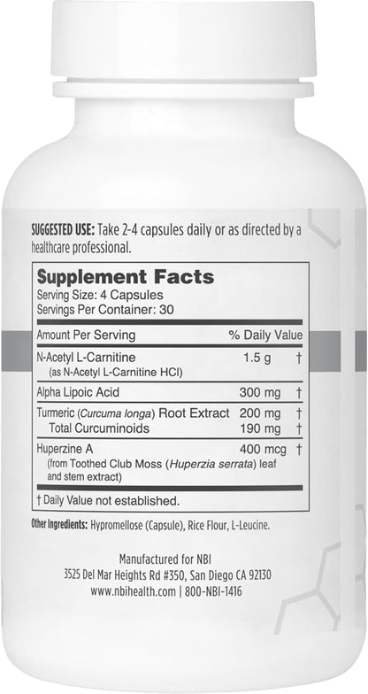 NBI Brain Blend for Memory, Focus, Concentration & Cognitive Function - Caffeine-Free Nootropic with ALCAR, Alpha Lipoic Acid, Huperzine A, Turmeric - 120 Capsules