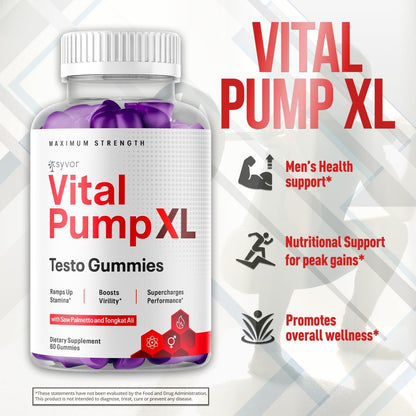 Vital Pump XL Testo Gummies, Official Vital Pump XL Male Performance Gummys with All Natural Ingredients, Advanced Supplement with Maximum Strength Vitamins for Your Active Lifestyle (60 Gummies)