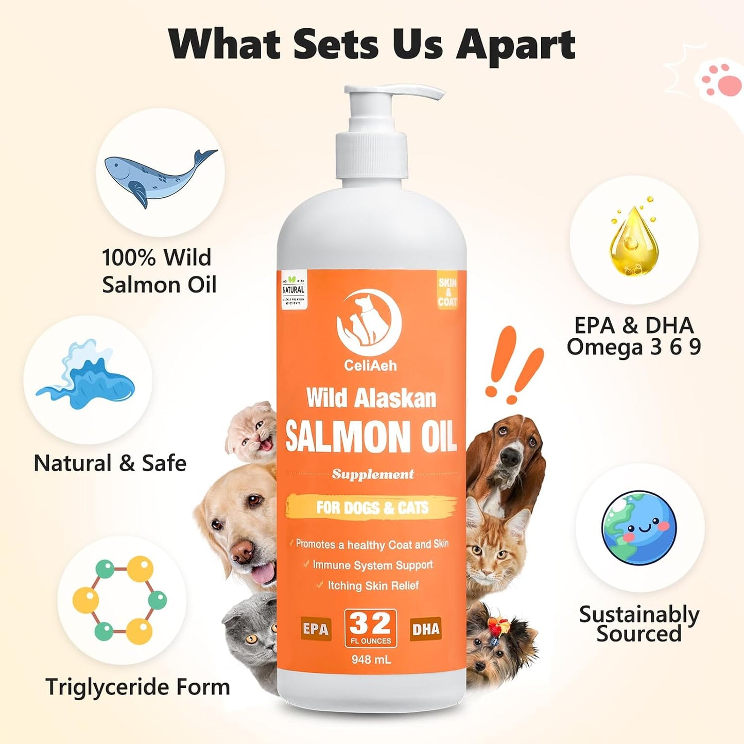 CeliAeh Wild Salmon Oil for Dogs & Cats (32 fl oz / 946 ml) – Omega-3 Supplement for Skin, Coat & Joint Health - görsel 6