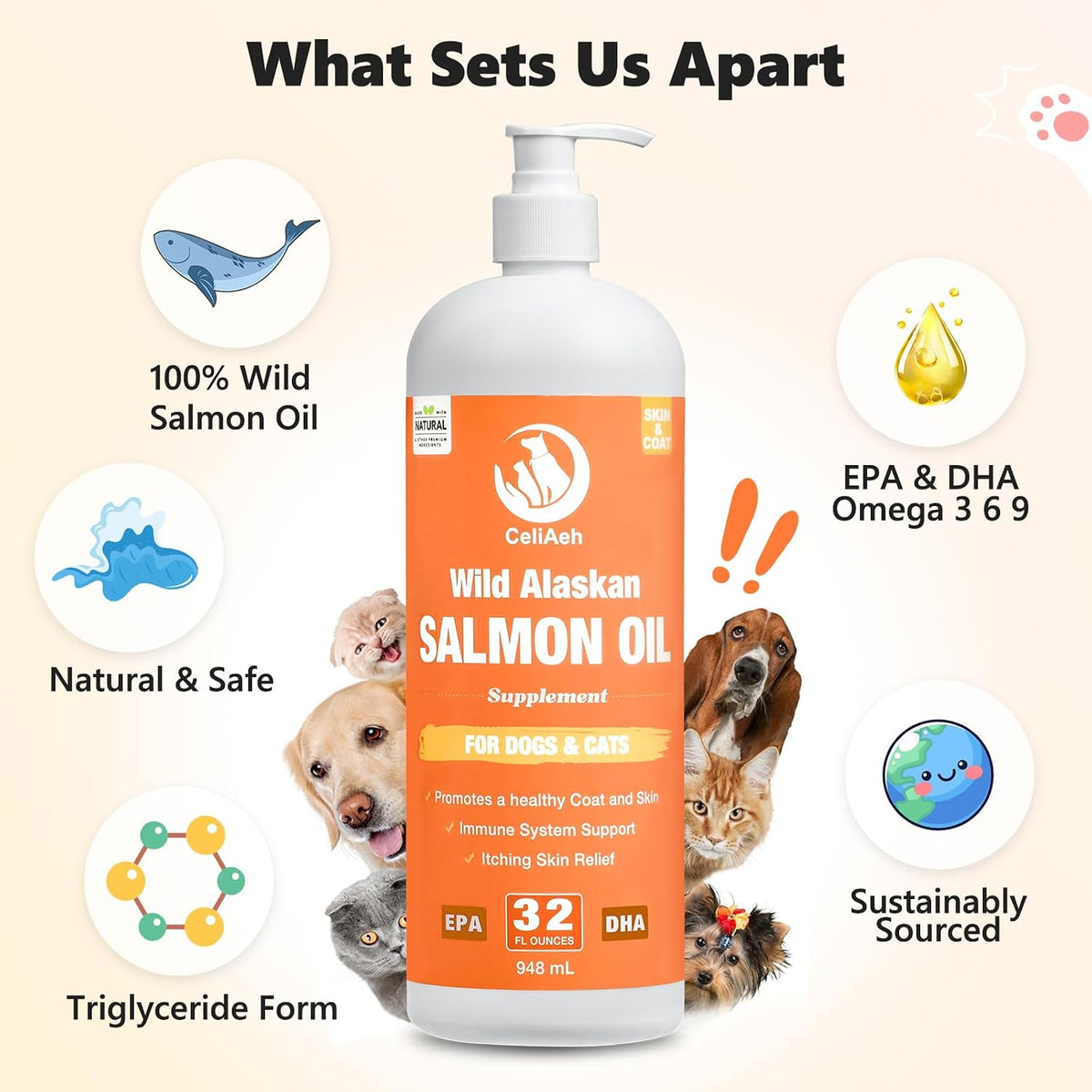 CeliAeh Wild Salmon Oil for Dogs & Cats (32 fl oz / 946 ml) – Omega-3 Supplement for Skin, Coat & Joint Health - görsel 6