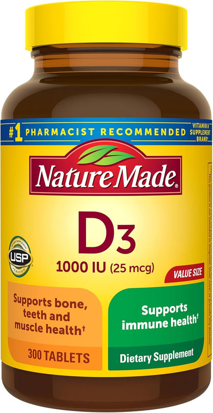 Nature Made Vitamin D3 1000 IU (25 mcg), Vitamin D Supplement for Bone, Teeth, Muscle and Immune Health Support, 300 Tablets, 300-Day Supply