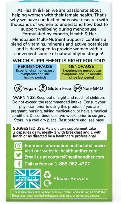 Health & Her Menopause Multi-Nutrient Support for Women – Vegan, Gluten-Free, Non-GM, 60 Capsules (1 Month Supply)
