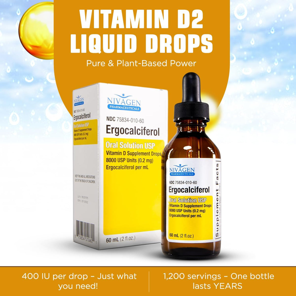 Nivagen Vitamin D2 Liquid Drops – 8,000 USP (Ergocalciferol) – 400 IU per Serving – 2 fl oz (60 ml) – 1,200 Servings - görsel 2