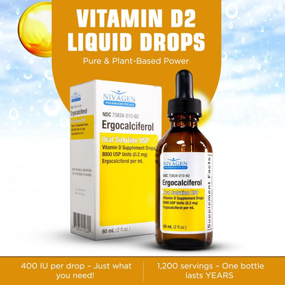 Nivagen Vitamin D2 Liquid Drops – 8,000 USP (Ergocalciferol) – 400 IU per Serving – 2 fl oz (60 ml) – 1,200 Servings