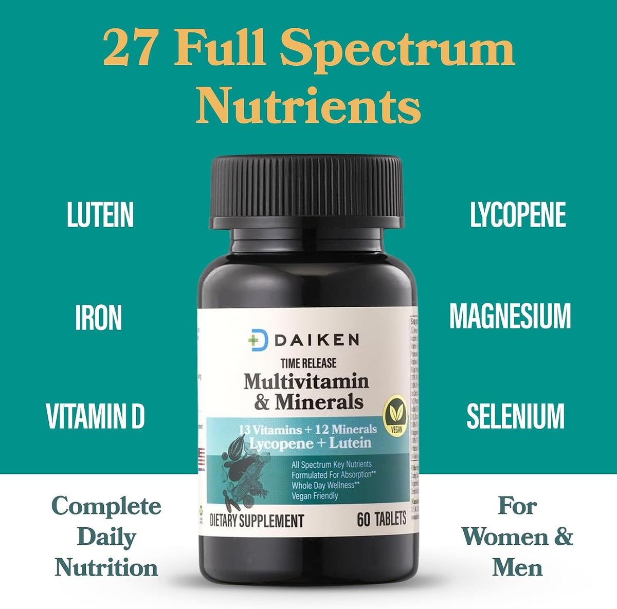 DAIKEN Mini Multivitamin | 60 Tablets | With Lutein, Lycopene & Folic Acid | Time-Release Multivitamin for Men & Women | Vegan & Easy to Swallow (Pack of 2) - görsel 2