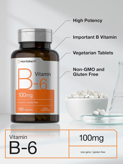 Horbaach Vitamin B6 100mg, 120 Tablets - Pyridoxine Hydrochloride - Vegetarian, Non-GMO and Gluten-free