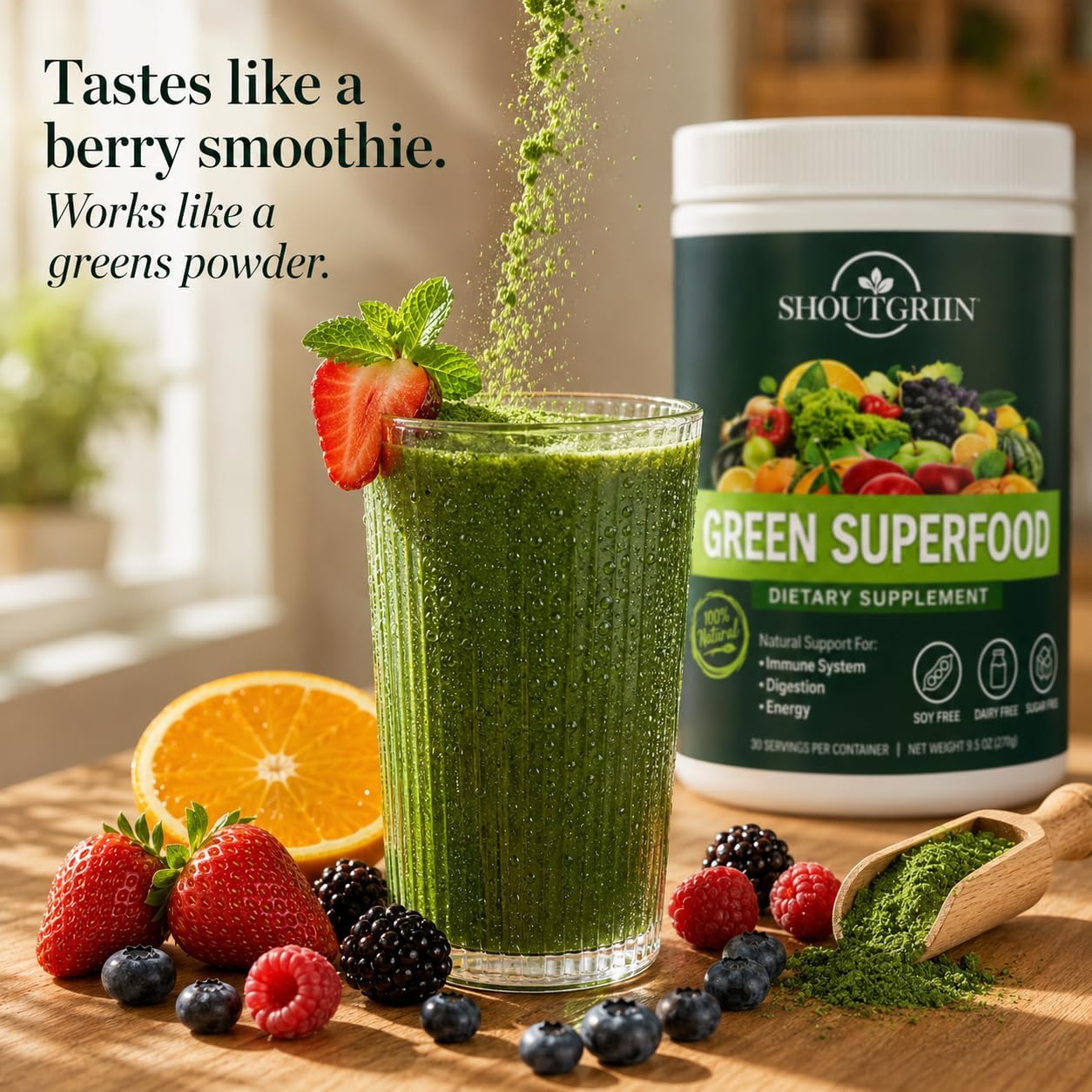 SHOUTGRIIN Green Superfood Powder – Organic Super Greens with 100 Billion CFU Probiotics & Digestive Enzymes - görsel 2