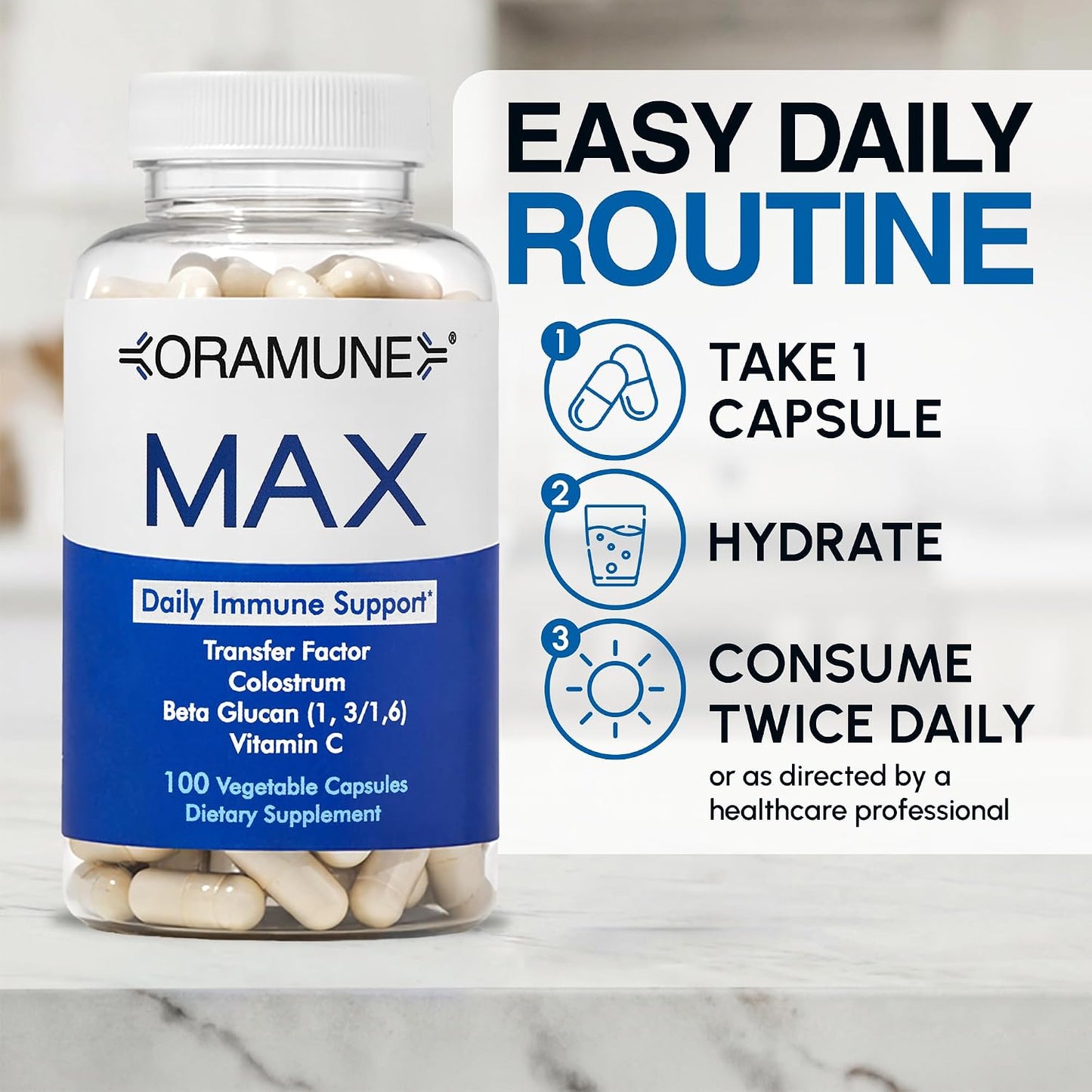 Oramune Max Support Supplement | Transfer Factor, Bovine Colostrum, Beta-Glucan and Vitamin C - 100 Capsules - görsel 3