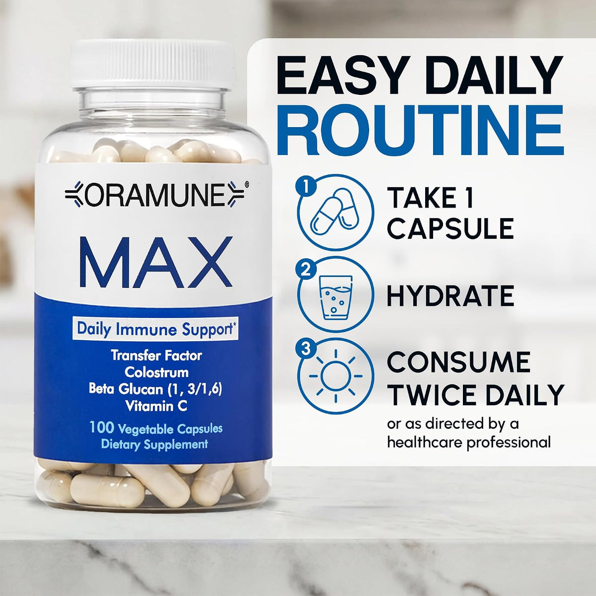 Oramune Max Support Supplement | Transfer Factor, Bovine Colostrum, Beta-Glucan and Vitamin C - 100 Capsules - görsel 3