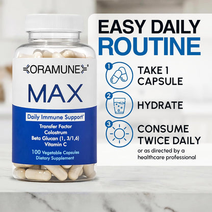 Oramune Max Support Supplement | Transfer Factor, Bovine Colostrum, Beta-Glucan and Vitamin C - 100 Capsules