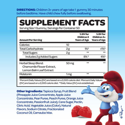 The Smurfs Melatonin Gummies for Children with Chamomile & Lemon Balm - 1mg, 50 Gummies