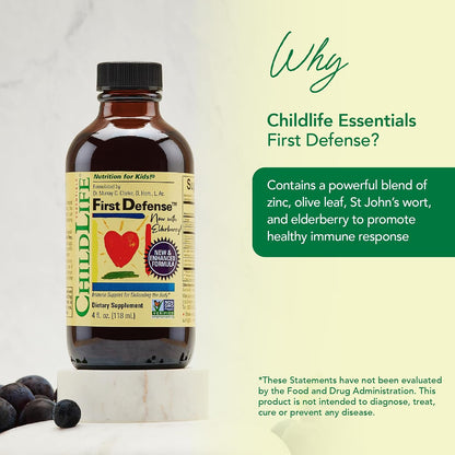 CHILDLIFE ESSENTIALS First Defence – Liquid Immune Support for Children, Elderberry & Zinc, Non-GM, Gluten-free, 4 fl oz (118 ml) (Pack of 3)