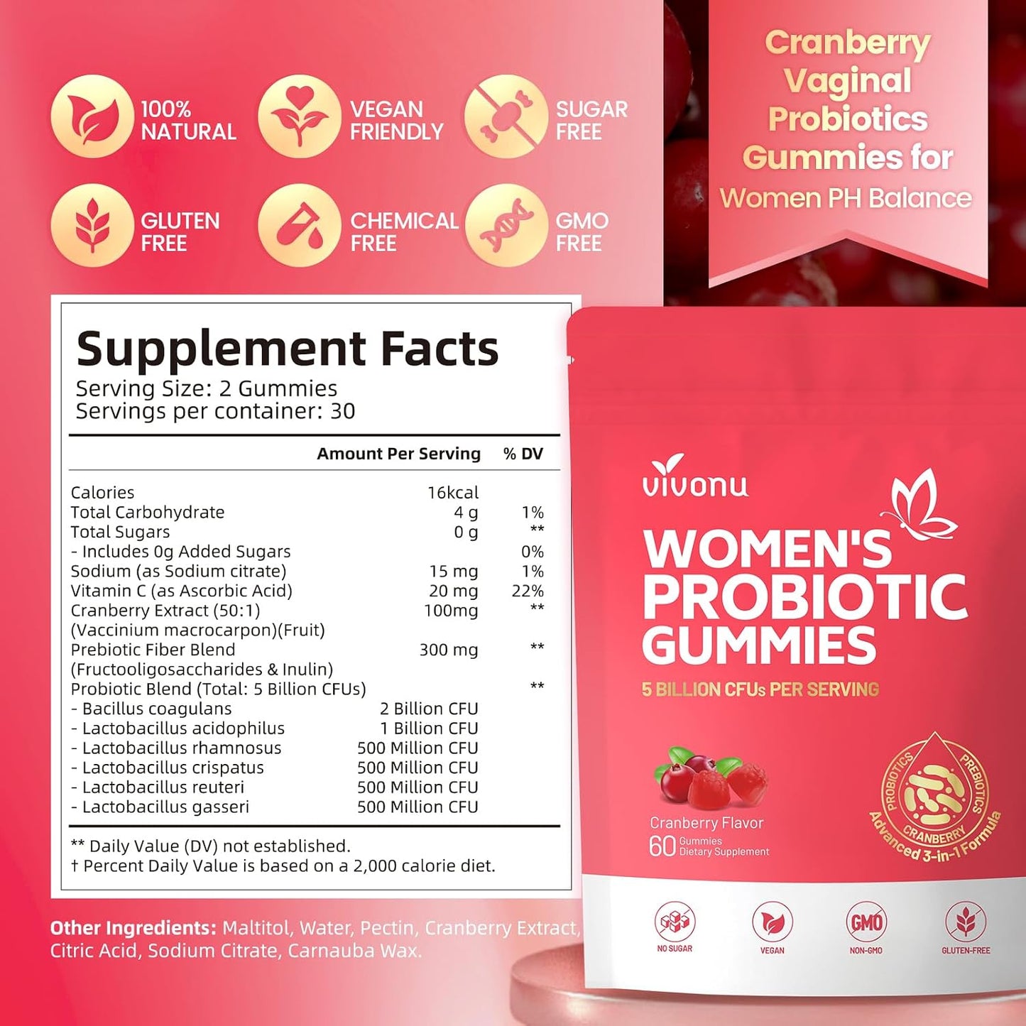 VivoNu Women's Probiotic Gummies - Feminine Balance Support with Cranberry, 60 Count - görsel 7