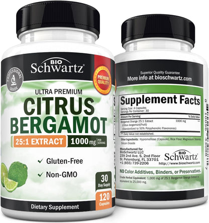 BioSchwartz Citrus Bergamot 1000mg - Ultra Concentrated Supplement for Heart Health - Vegan, Non-GMO, Gluten-Free - 120 Mini Capsules