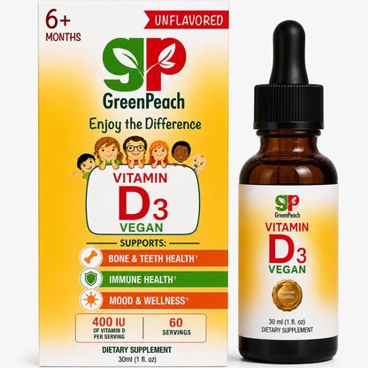GreenPeach Liquid Vegan Organic Vitamin D 400 to 2000 IU - D3 Drops for Toddlers, Kids, Babies & Infants, Natural, 60 Servings