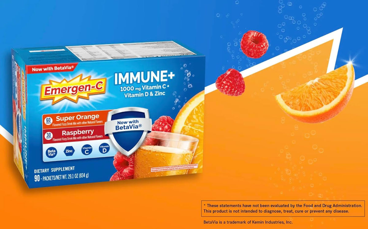 Emergen-C Immune+ 1000 mg Vitamin C with Vitamin D and Zinc, Super Orange and Raspberry, 90 Packets - görsel 6
