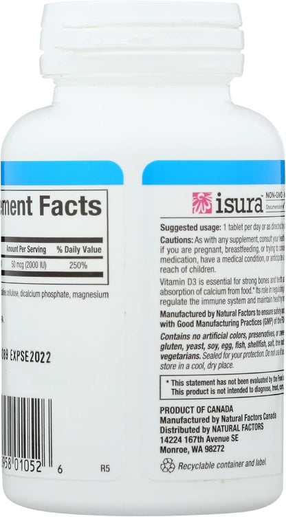 Natural Factors Vitamin D3 2000 IU for Bone Health, 90 Tablets