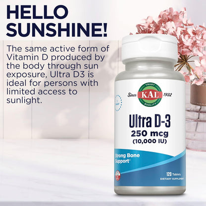KAL Ultra Vitamin D3 10,000 IU (250 µg) - High Potency Vitamin D Tablets, Bone Health & Immune Support, 120 Rapid Disintegration ActivTabs