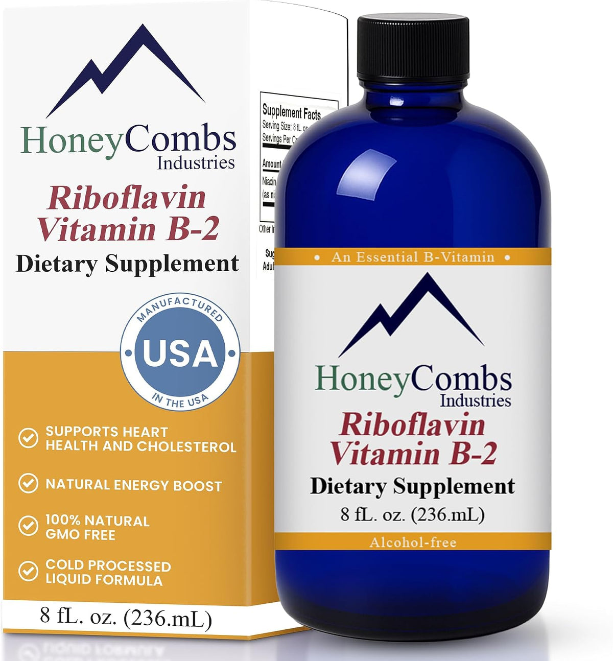 HoneyCombs Riboflavin Vitamin B2 Liquid Drops, 8 Fl oz | Headache Support, 750 Percent DV, Made in USA, Alcohol Free, Alternative to Capsules - görsel 1