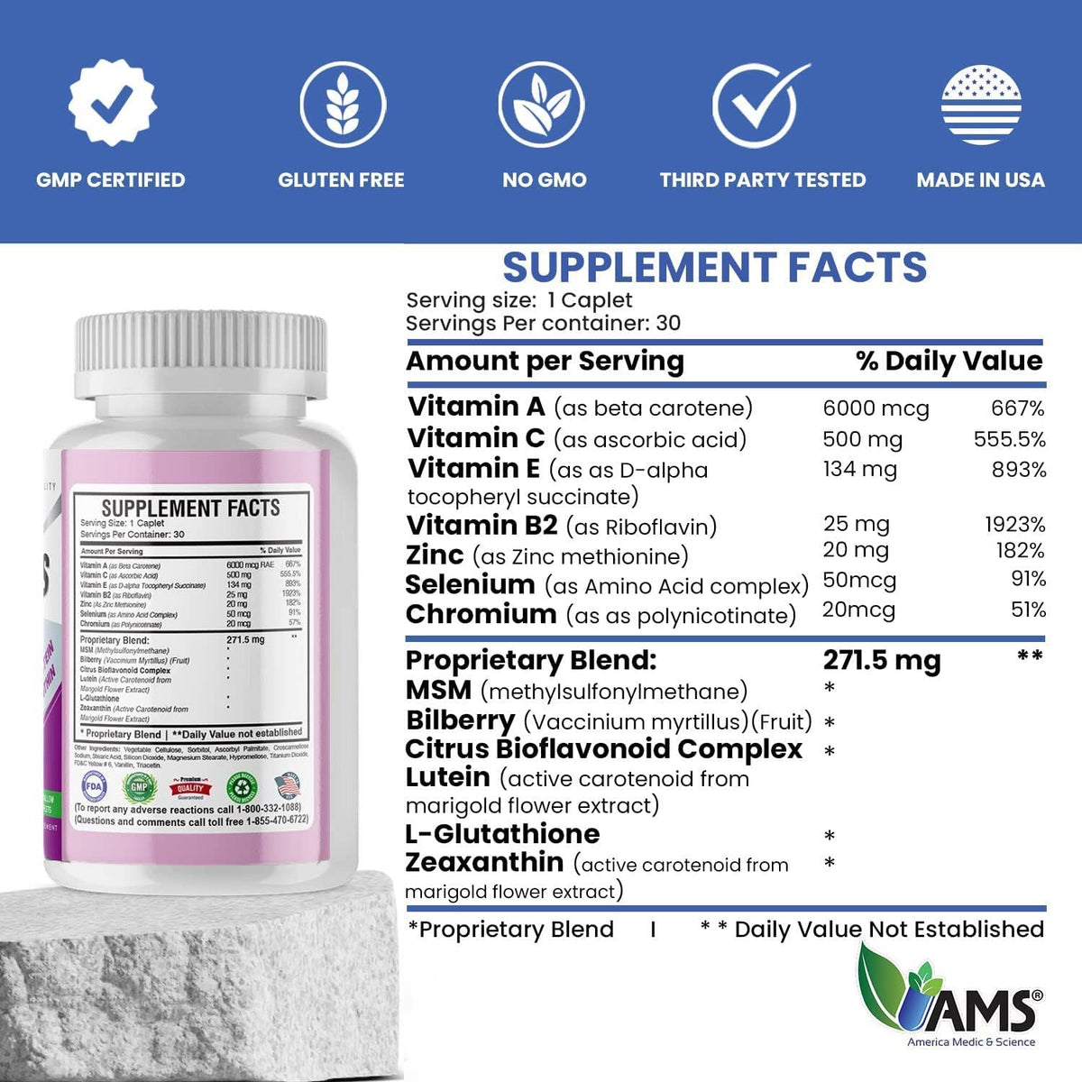 America Medic & Science EyeCaps (30 Caplets) - Vision Health Supplement with Lutein, Zinc, and Vitamins A, C, E, B2 - görsel 5