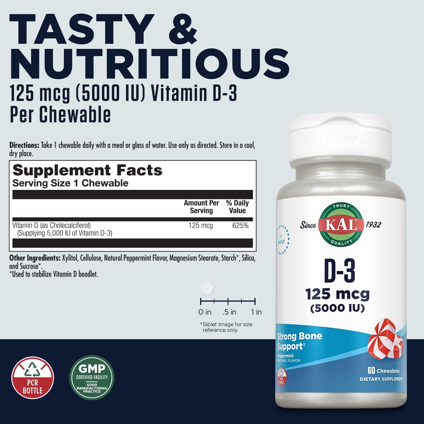 KAL Vitamin D3 Chewable, 5000 IU (125 mcg), Natural Peppermint Flavour, 60 Tablets - görsel 3