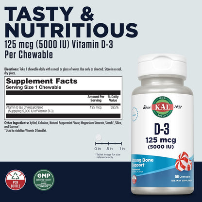 KAL Vitamin D3 Chewable, 5000 IU (125 mcg), Natural Peppermint Flavour, 60 Tablets