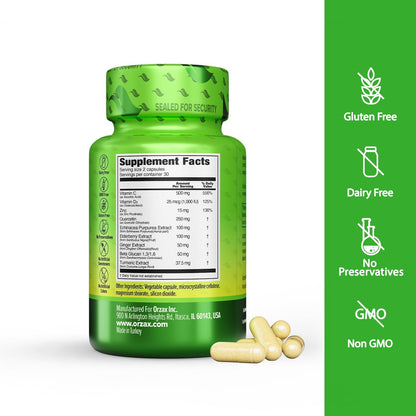 ORZAX 9 in 1 Immune Defence Supplement High Strength Vitamin C & D with Zinc, Quercetin, Turmeric & Ginger, Echinacea Capsules - Herbal Defence for Immune System Support - 60 Veg Capsules