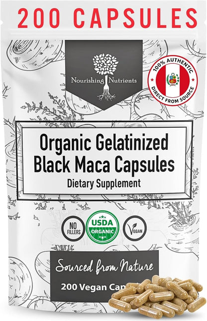 Organic Gelatinised Black Maca – 4x Bioavailability, 200 Vegan Capsules (1000mg)