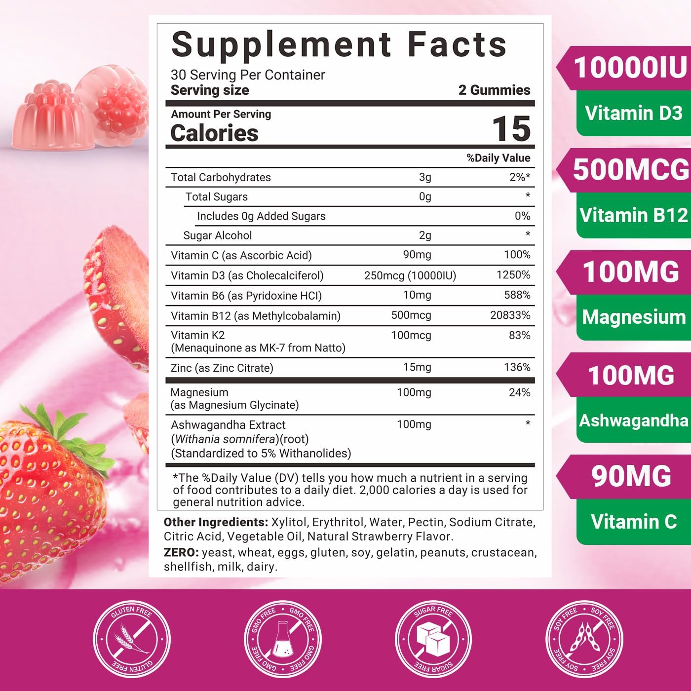 Wiszeen Vitamin D3 B12 Gummies, 10000 IU Vitamin D3 & 500mcg Methylated B12 for Adults, with Ashwagandha, Magnesium, Vitamin K2 for Immune and Energy Support - görsel 2