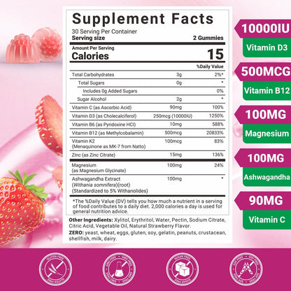 Wiszeen Vitamin D3 B12 Gummies, 10000 IU Vitamin D3 & 500mcg Methylated B12 for Adults, with Ashwagandha, Magnesium, Vitamin K2 for Immune and Energy Support