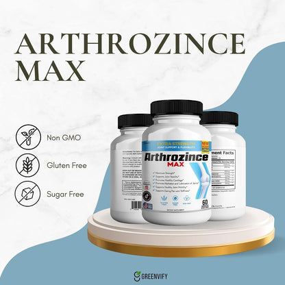 Arthrozince Max Extra Strength Joint Support – Glucosamine, Chondroitin, MSM, Boswellia, Turmeric – For Flexibility, Mobility & Comfort – 60 Capsules