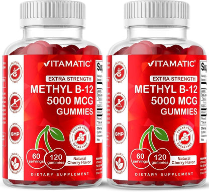 Vitamatic Extra Strength Vitamin B12 5000 mcg (Methyl B12) Gummies – Natural Cherry Flavour – 120 Count