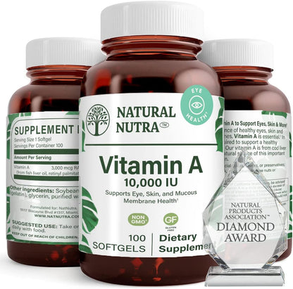 Natural Nutra Vitamin A 10,000 IU Softgels – High Potency Eye and Skin Vitamin Supplement – Gluten-Free – 250 Softgels (2 Pack)