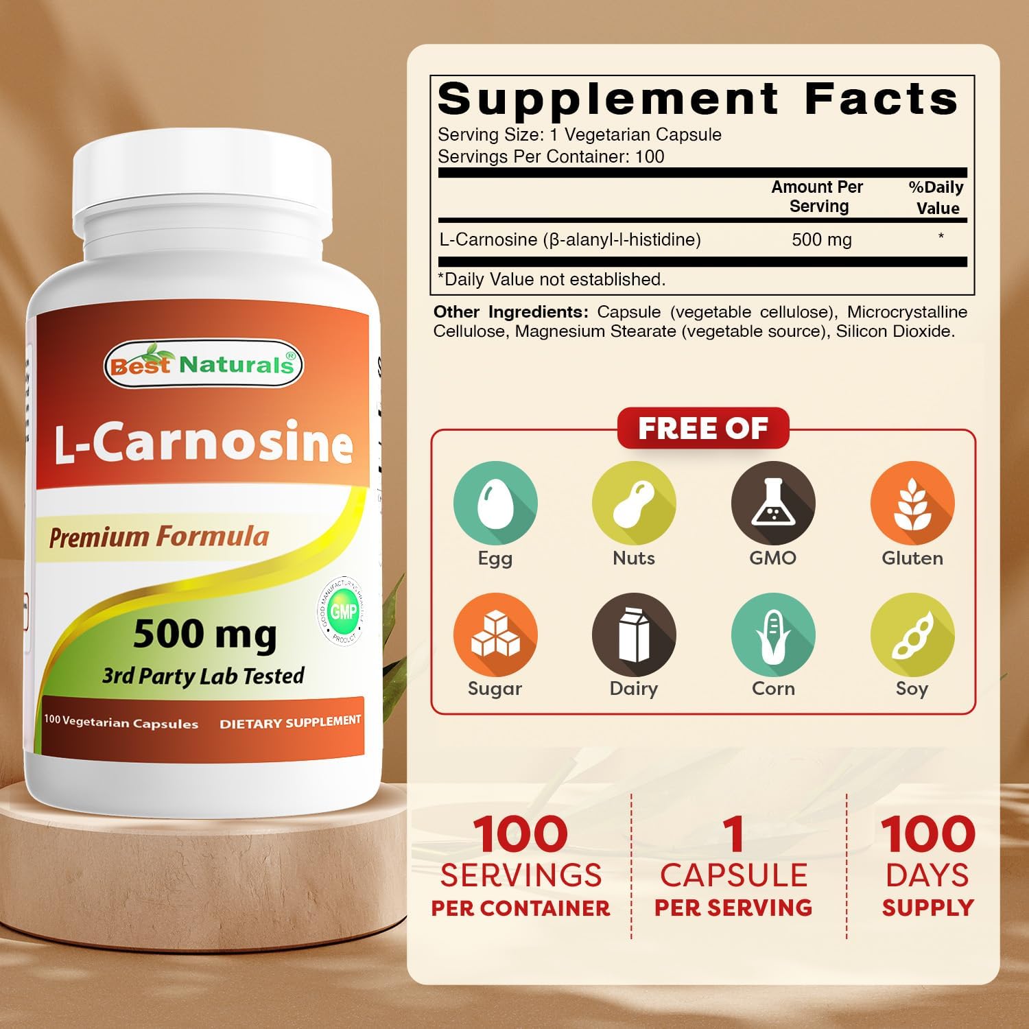 Best Naturals L-Carnosine 500 mg, 100 Vegetarian Capsules (Pack of 3) - görsel 2