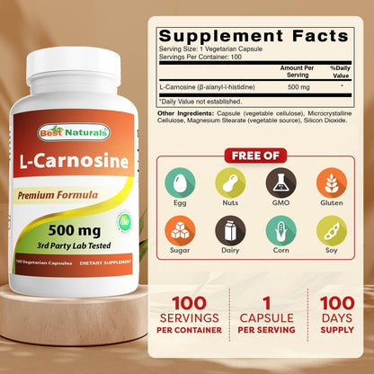 Best Naturals L-Carnosine 500 mg, 100 Vegetarian Capsules (Pack of 3)