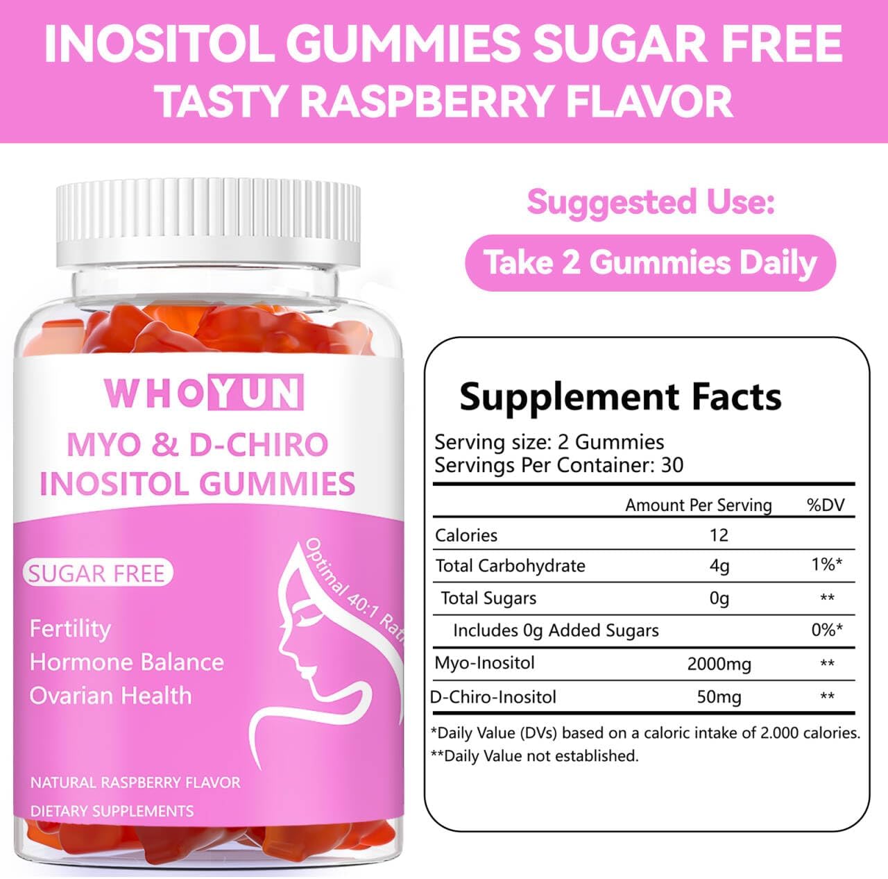 Whoyun Inositol Gummies - Sugar-Free Myo-Inositol & D-Chiro Inositol (40:1 Ratio), 60 Count - görsel 2