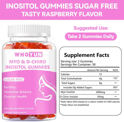 Whoyun Inositol Gummies - Sugar-Free Myo-Inositol & D-Chiro Inositol (40:1 Ratio), 60 Count