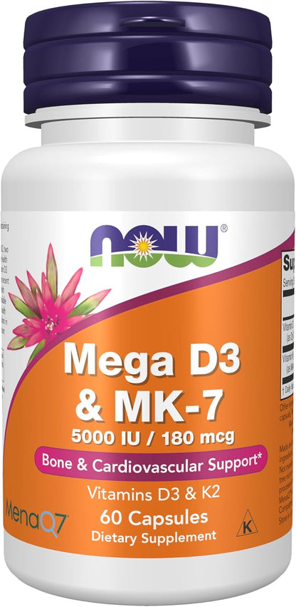 NOW Foods Mega D-3 & MK-7, 5,000 IU/180 mcg, 60 Veg Capsules
