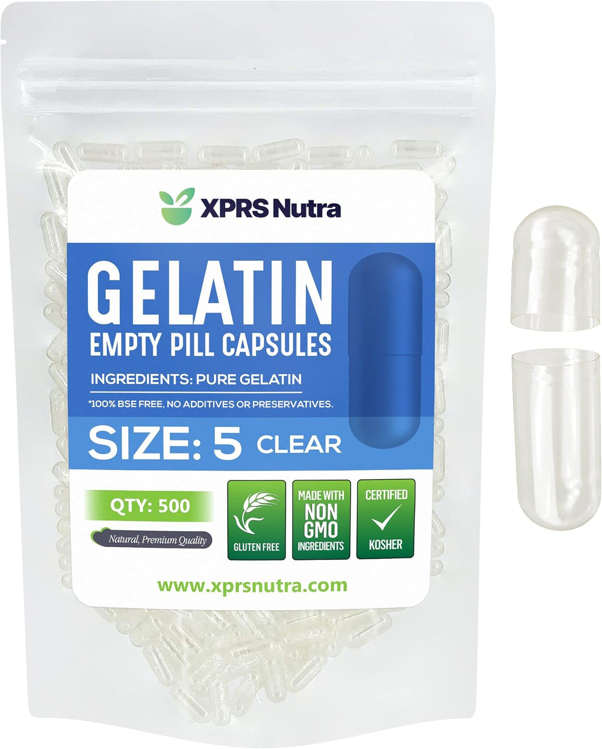 XPRS Nutra Size 5 Empty Gelatine Capsules - 500 Count - Small Clear Capsules for DIY Capsule Making - görsel 1