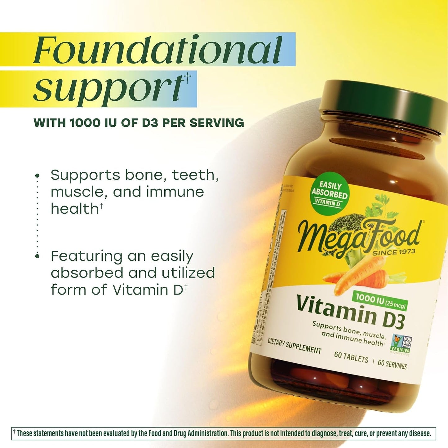MegaFood Vitamin D3 1000 IU (25 mcg) – Real Food Supplement for Immune & Bone Support, 90 Tablets - görsel 3