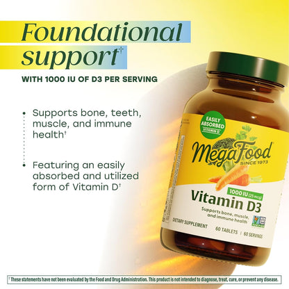 MegaFood Vitamin D3 1000 IU (25 mcg) – Real Food Supplement for Immune & Bone Support, 90 Tablets