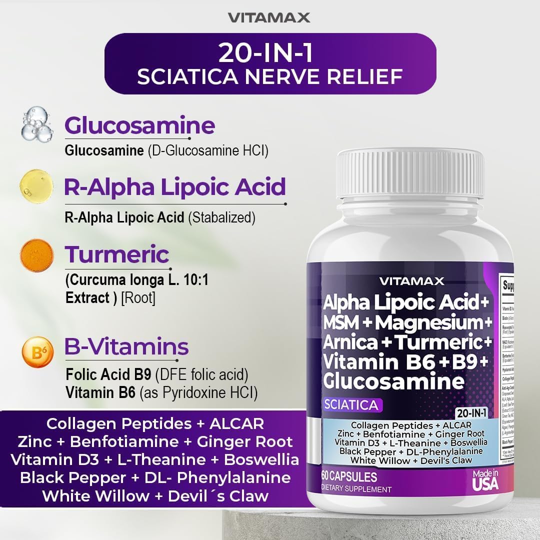Sciatic Nerve Health Support – Supplement with Folic Acid, Glucosamine, MSM, Vitamin B Complex, Alpha Lipoic Acid – 60 Capsules - görsel 6