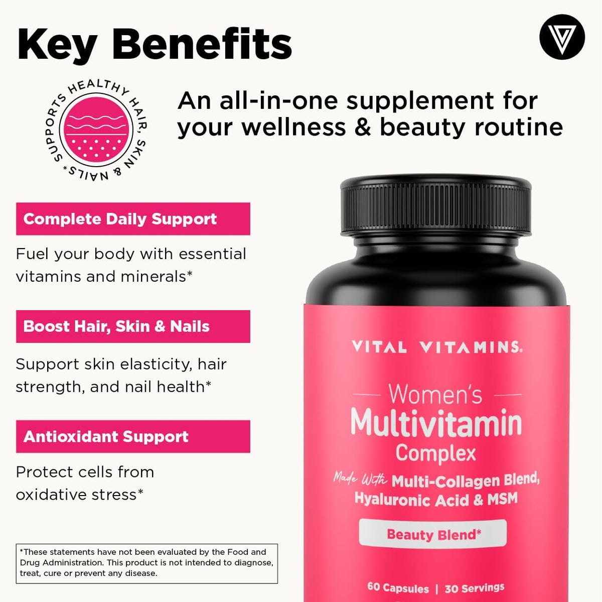 Vital Vitamins Women's Multivitamin Complex - Multi-Collagen Blend, Hyaluronic Acid, MSM - 60 Capsules - görsel 4