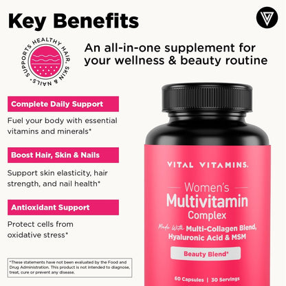 Vital Vitamins Women's Multivitamin Complex - Multi-Collagen Blend, Hyaluronic Acid, MSM - 60 Capsules