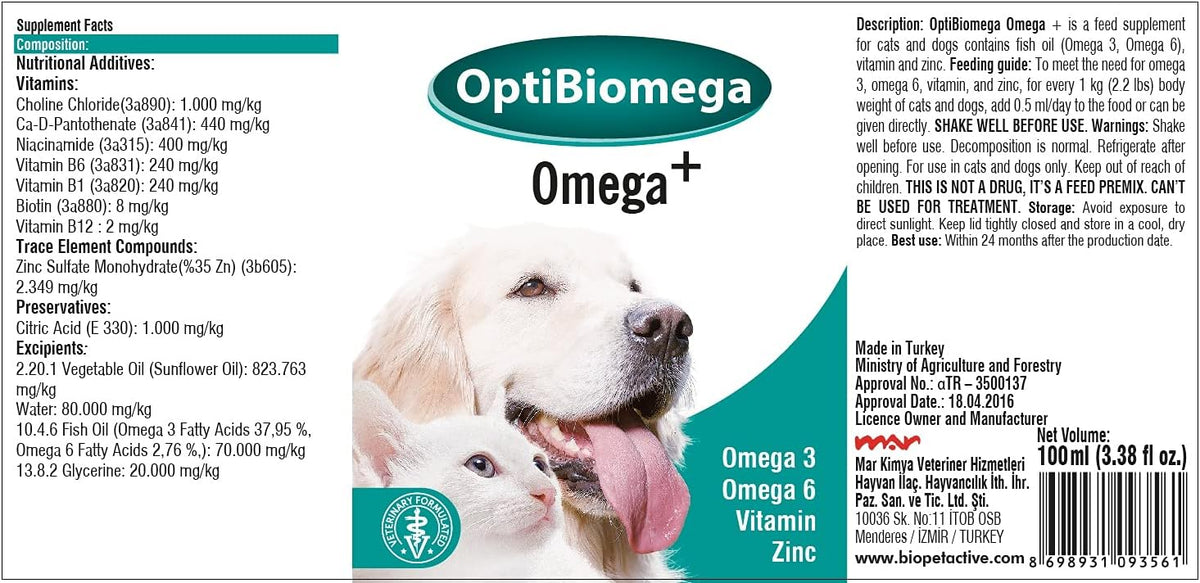 OptiBiomega Fish Oil for Dogs & Cats - Omega 3 & 6 with Zinc, 100 ml - görsel 2