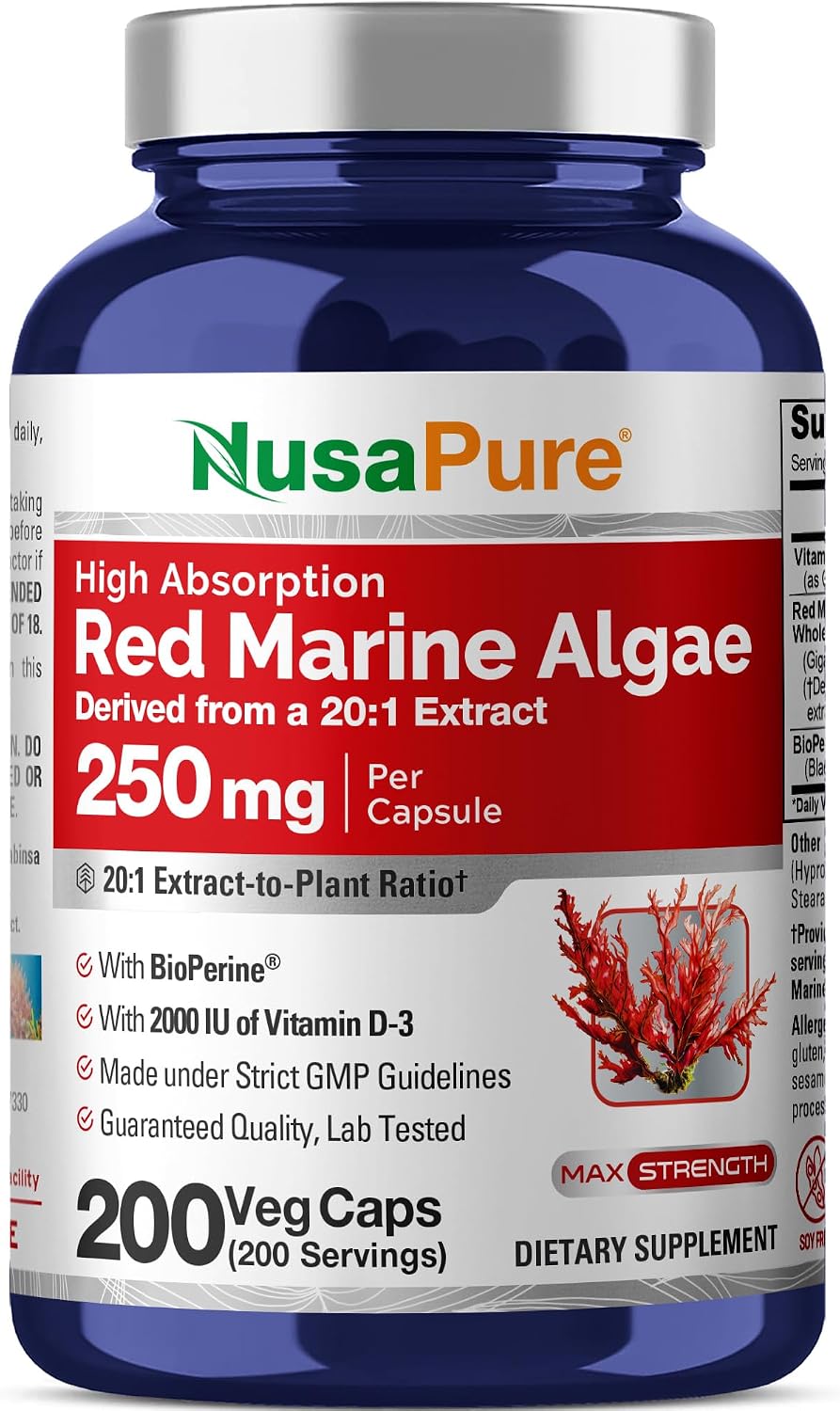 NusaPure Red Marine Algae Capsules, 250 mg, 200 Vegan Capsules (Soya-free, Non-GMO) - görsel 1