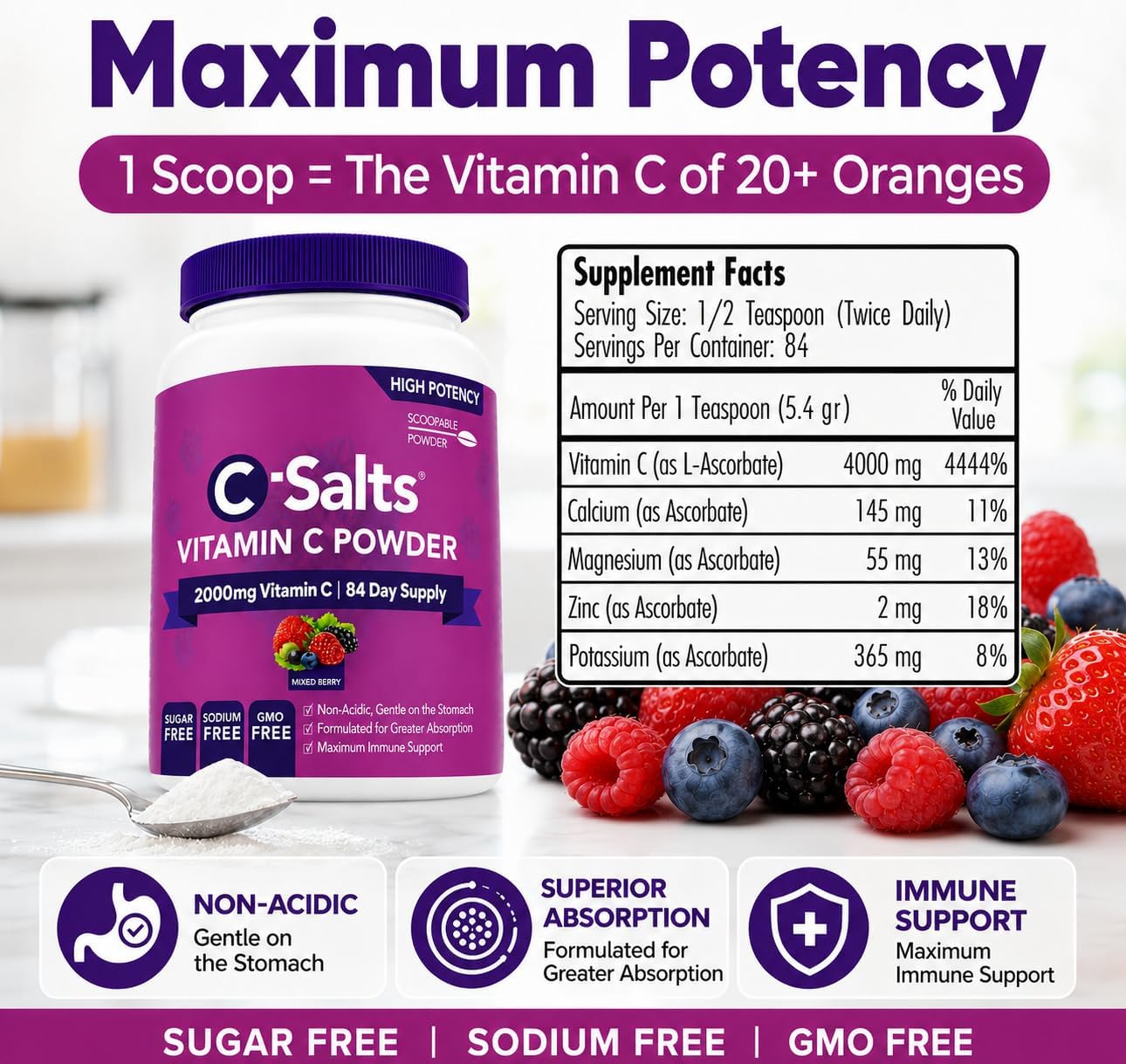 C-Salts Buffered Vitamin C Powder – Organic, Stomach-Friendly Vitamin C Drink – Mixed Berry, 227g (84 Servings) - görsel 9